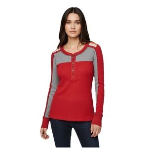 Vintage Free People Y2K Thermal Henley Top Red Colorblock Long Sleeve Size Large